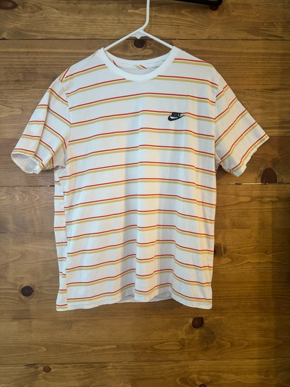 Nike White Crewneck T‑Shirt with Orange and Red Stripe Accents